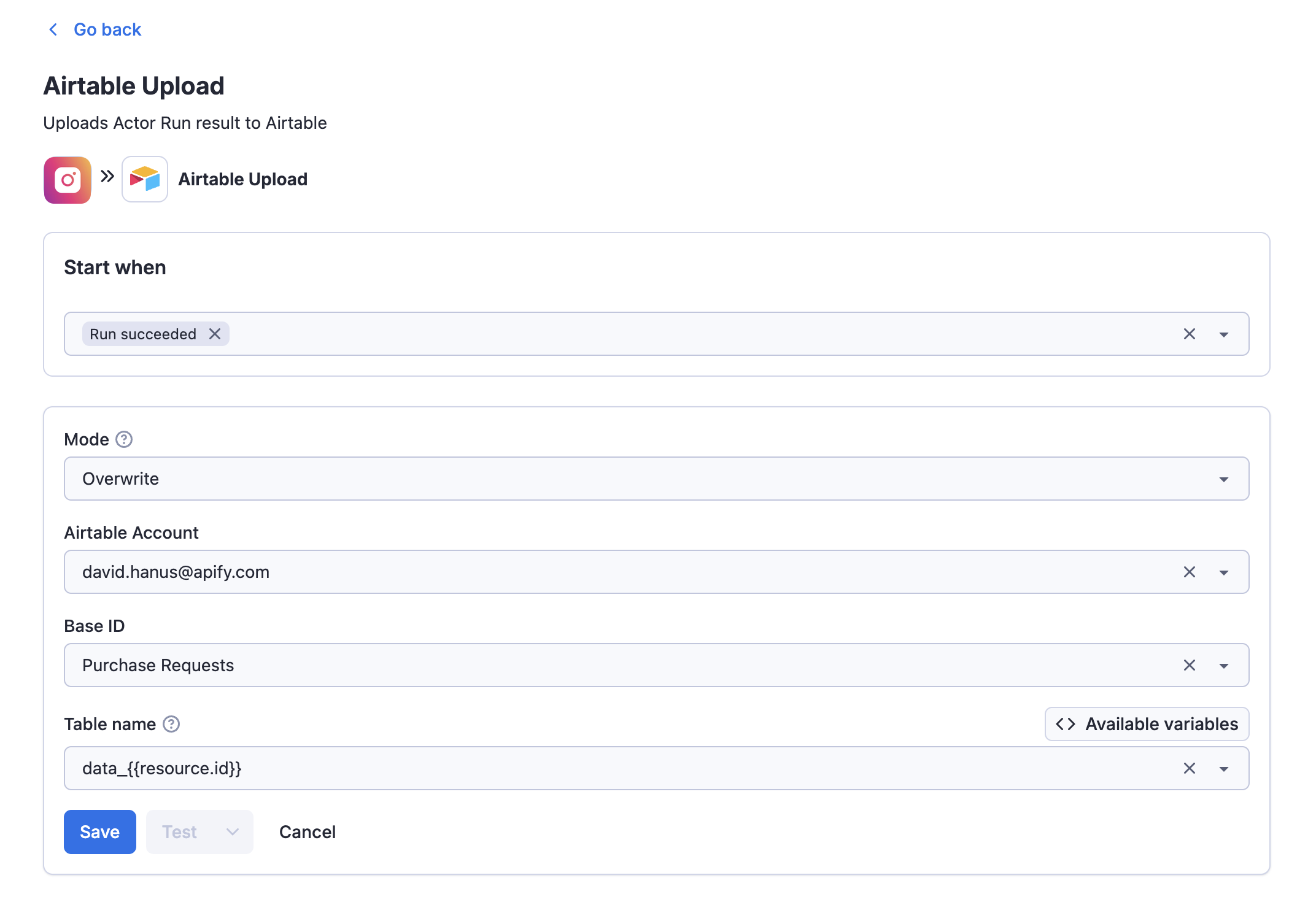 Airtable integration configuration form